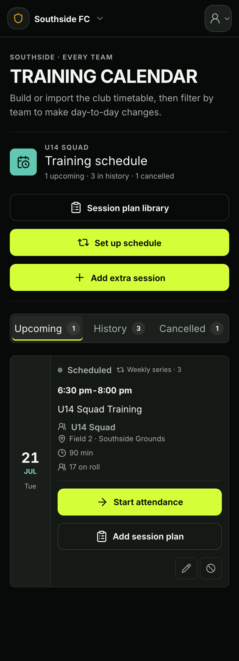 The actual FlickID Clubs club-wide Training calendar on mobile, with schedule setup and every-team controls.