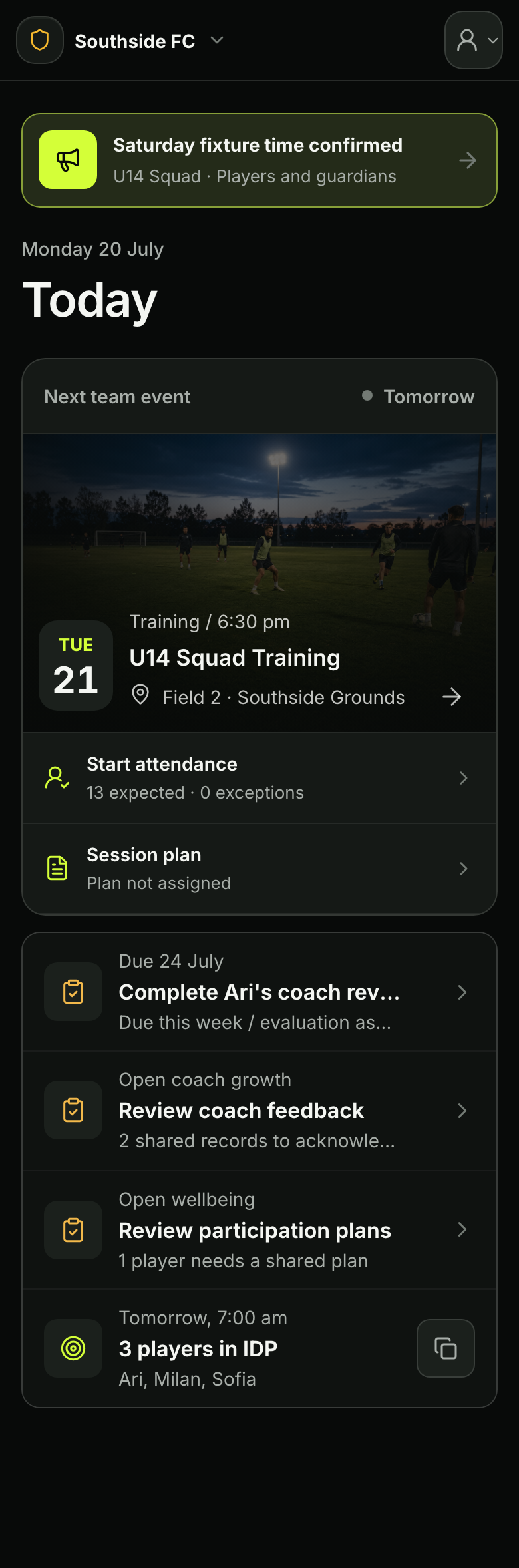 The actual FlickID Clubs U14 coach Today screen on mobile.
